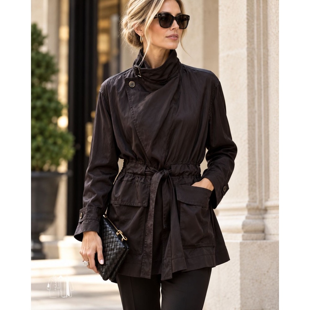 Vince Drapey Utility Jacket Womens L Black NWT Linen Blend Belted V629091656